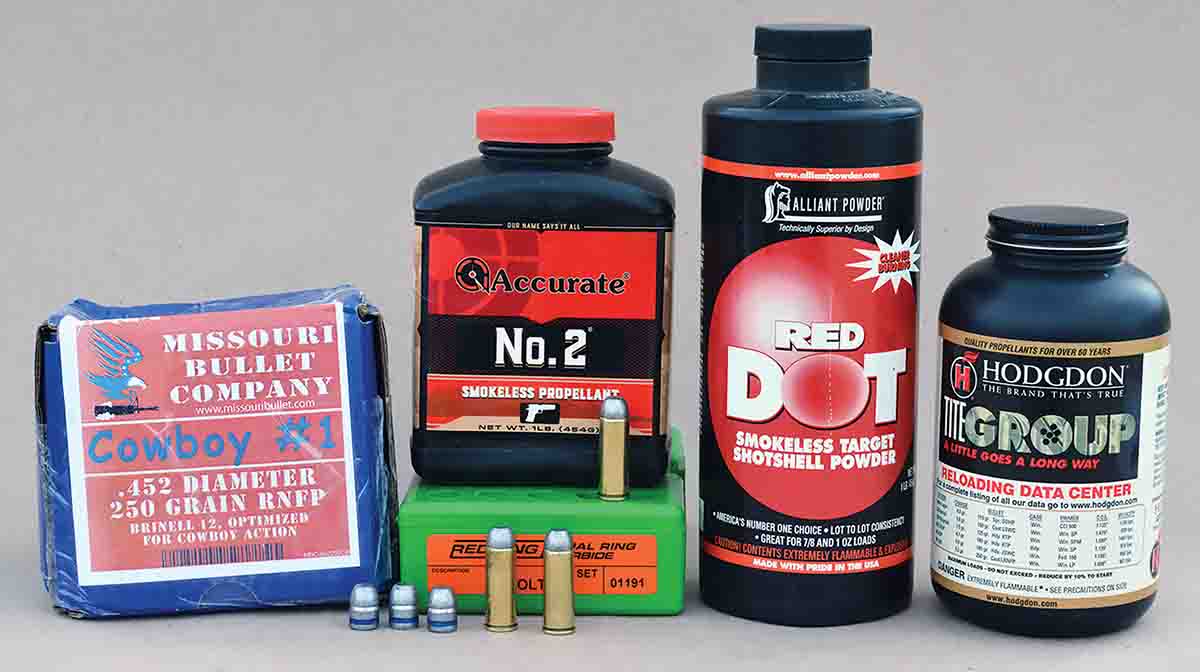 When handloading the 45 Colt, powders that are not position sensitive such as Accurate No. 2, Alliant Red Dot and Hodgdon Titegroup will give very low shot-to-shot extreme spreads.